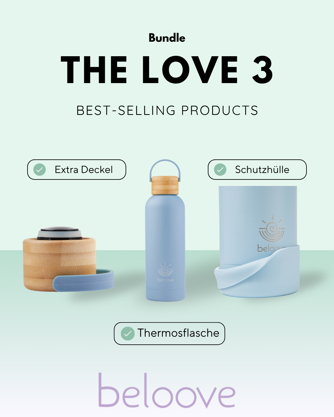 💜 beloove Alltagslieblinge – Bundle: Thermosflasche 500 ml + Deckel + Schutzhülle