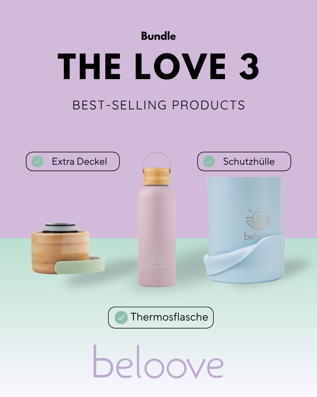 💜 beloove Alltagslieblinge – Bundle: Thermosflasche 500 ml + Deckel + Schutzhülle