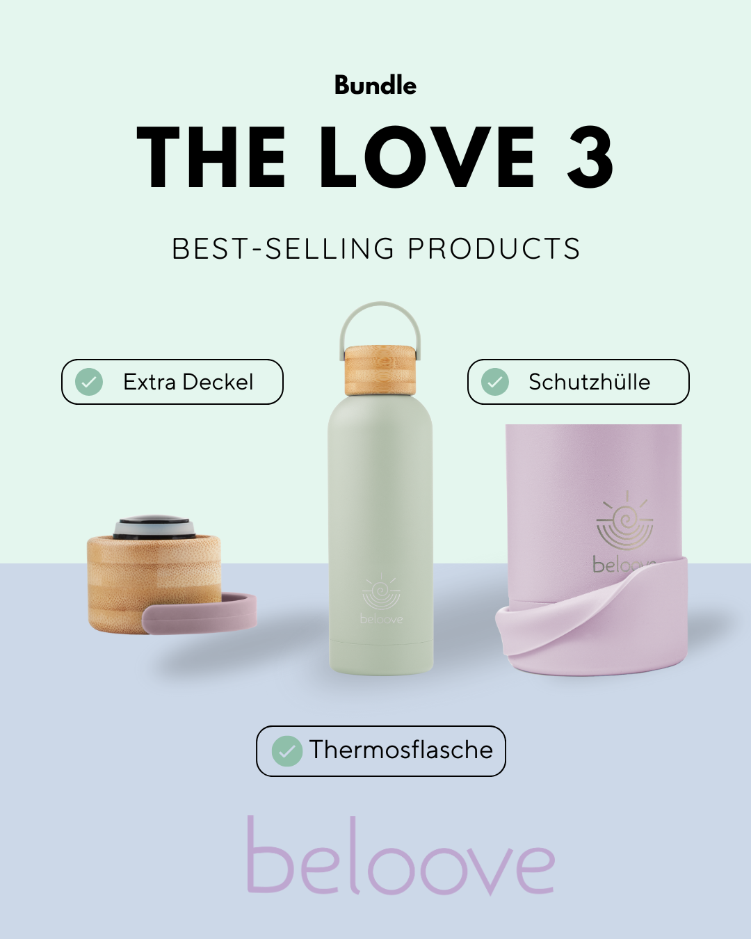 💜 beloove Alltagslieblinge – Bundle: Thermosflasche 500 ml + Deckel + Schutzhülle